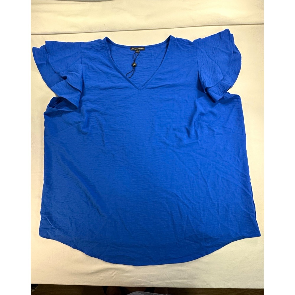Adrianna Papell Women's Blue Solid Woven V-Neck Flutter Sleeve Blouse, 3X